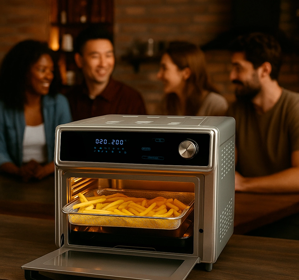 Forno e Fryer Gallant Digital Rotisserie 25L com batata frita dentro e amigos no fundo